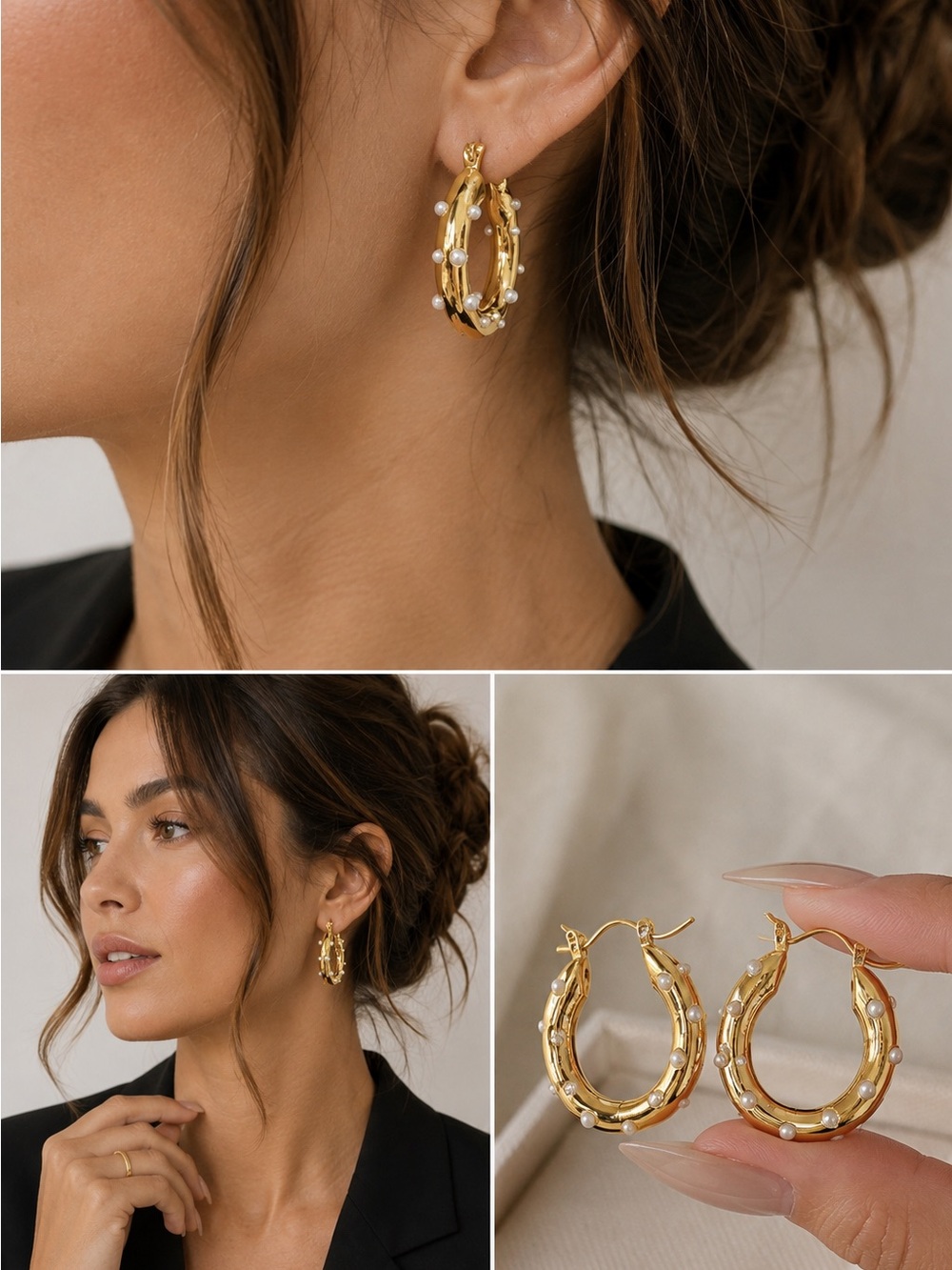 Anthropologie Gold Pearl Hoop Earrings – Chunky Statement Quiet Luxury